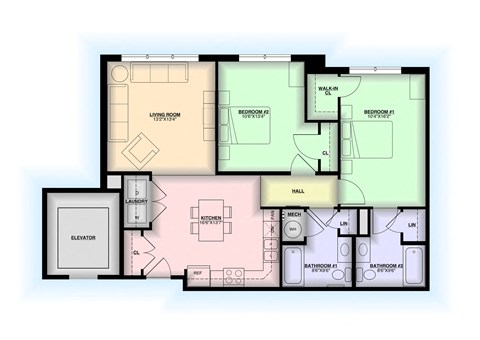 Floor plan for 2 beds, 2 baths, 1000 sqft